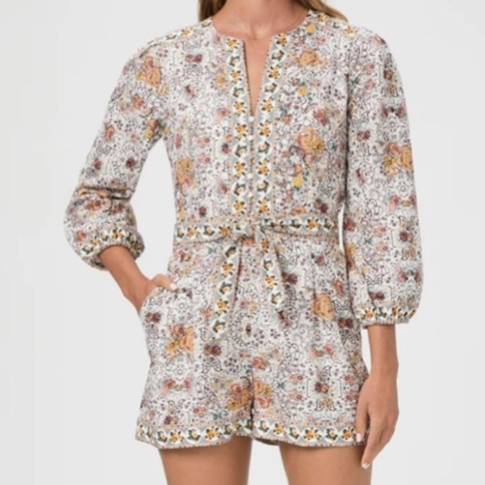 Paige Denim puglia romper in burgundy/cream multi, size 2, belted, button detail